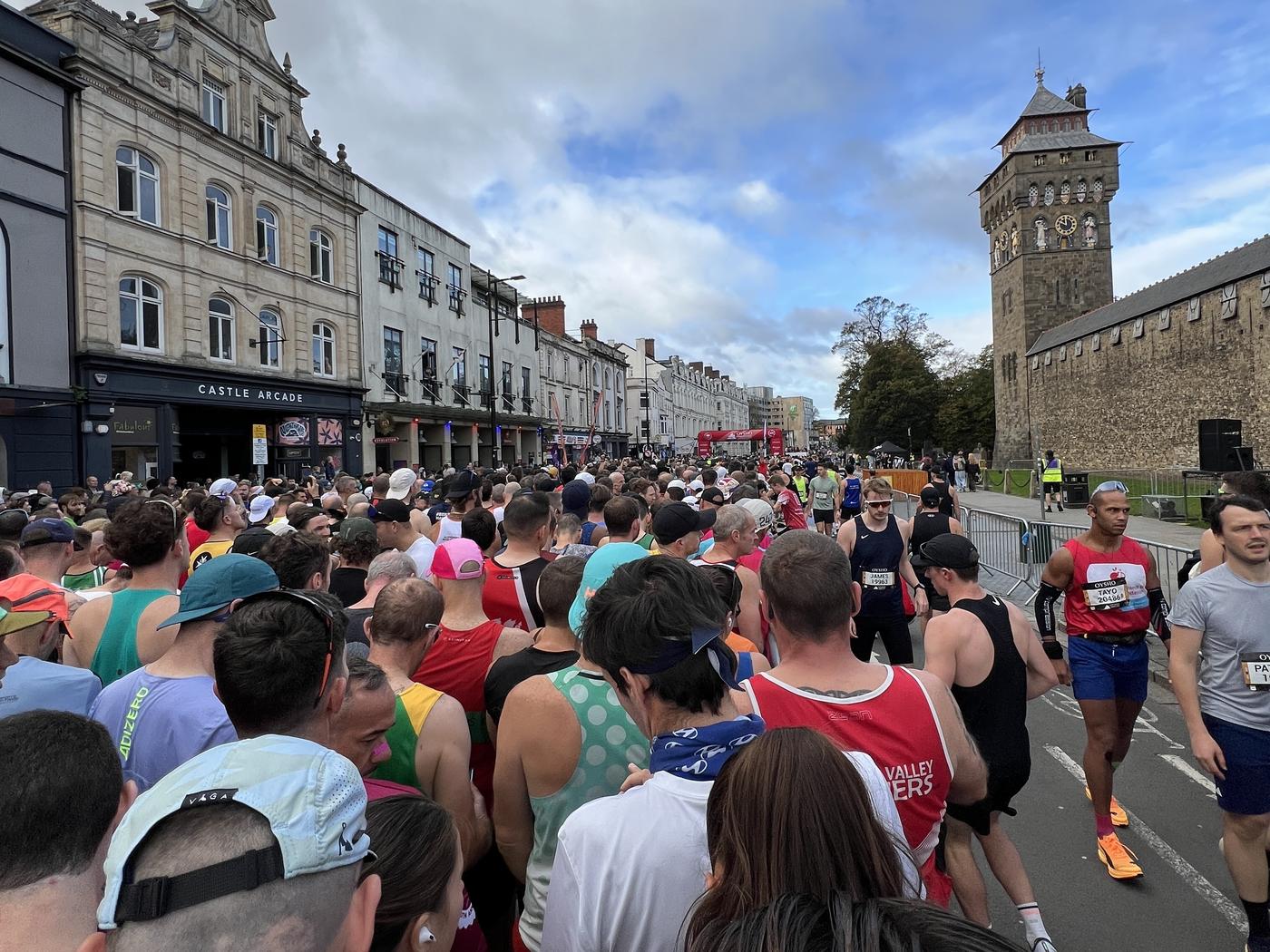 Runners gathering at the start line outside Cardiff Castle